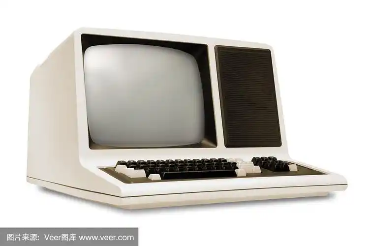 老式电脑,圆形显示器,键盘,80年代复古,白色背景