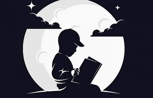 灰白色月亮背景前坐在地上看书阅读的小男孩剪影logo设计方案png图片