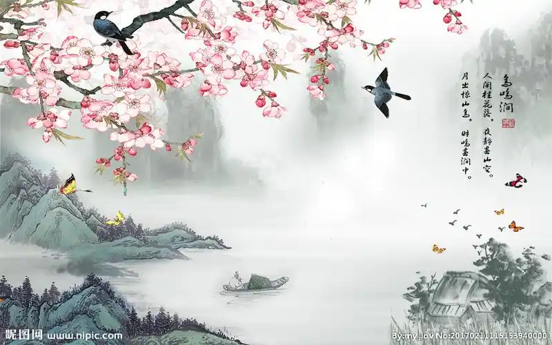 中式山水花鸟背景墙图片