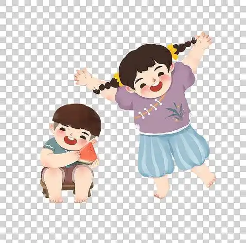 夏天节气插画元素姐弟俩吃西瓜图片下载