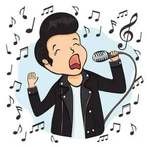 一个穿黑色皮夹克的男孩手里拿着一个麦克风,在白色背景上与音乐隔绝.