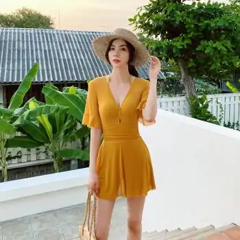 6765高端气质女孩奢华品质现货2020新款泳衣女连体裙式保守小胸