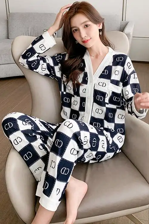 春款女士睡衣春秋季年睡衣女士开衫领网红长袖时尚套装家居服592黑色m