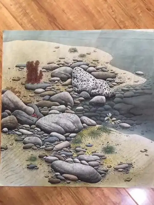 吴少杰老师四尺整张工笔石头溪流作品别样的精致逼真13868厘米纯手绘