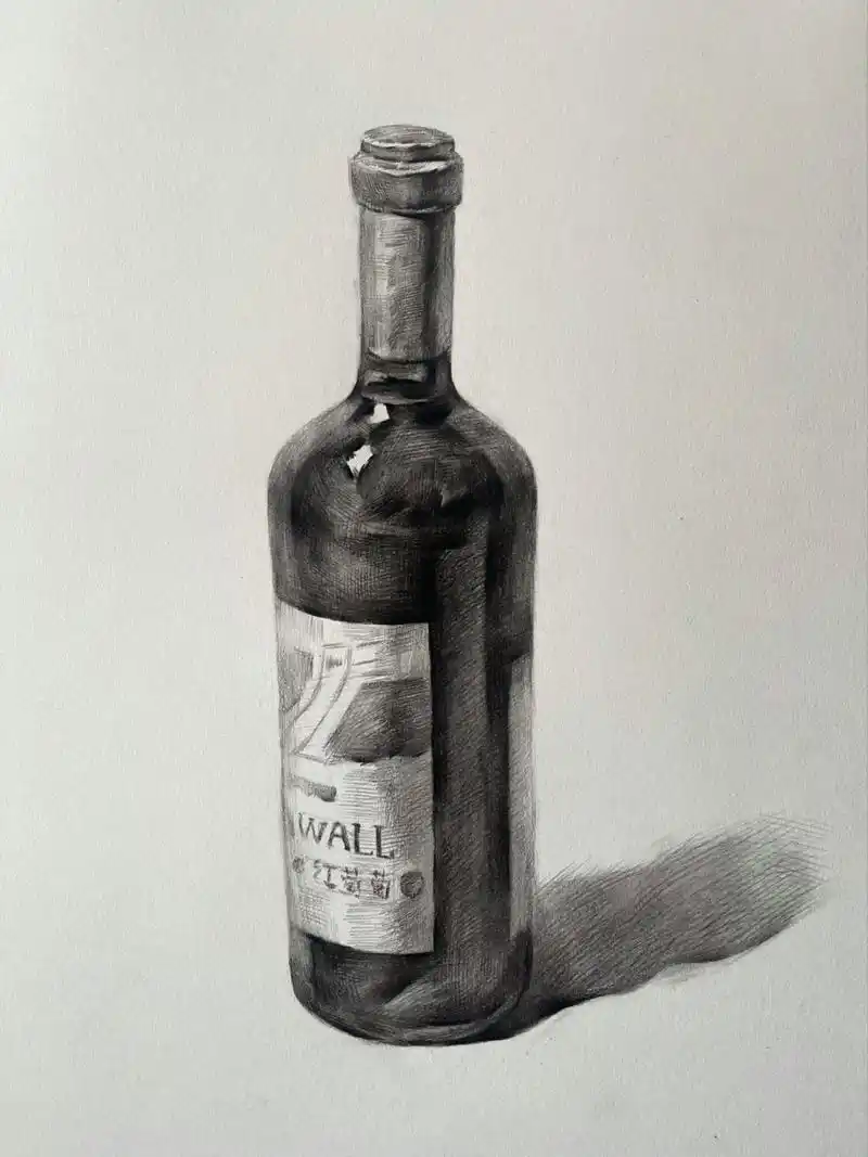 考前素描静物单体红酒瓶写生分享 96 红酒瓶材质为玻璃,反光极强