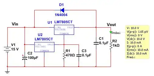 两个7805链接输出10v直流稳压电源 求电路图