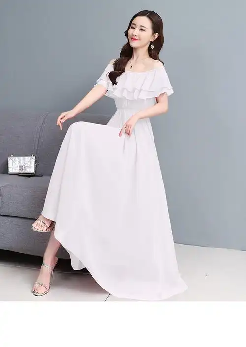 超仙一字肩白色雪纺连衣裙女夏季长款2021年流行新款显瘦裙子夏天