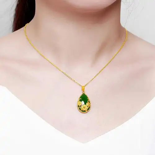 吊坠妈妈玉坠女款项链足金金项链金镶玉黄金和田颈饰