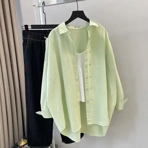 慵懒风长袖衬衫女宽松韩版双排扣前短后长中长款衬衣