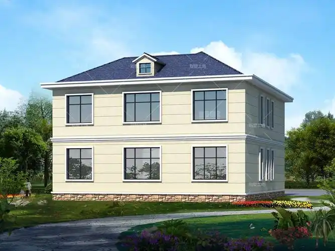简单农村两层楼房图片,米黄色外墙搭配蓝色屋顶的简洁设计