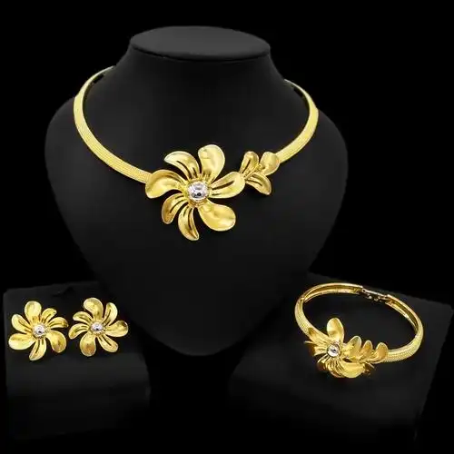 时尚电镀迪拜黄金锌合金首饰套装项链手链耳环戒指三件套 女