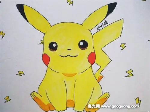 5, 最后用水彩颜料给皮卡丘上色,这样皮卡丘水彩画就完成啦!