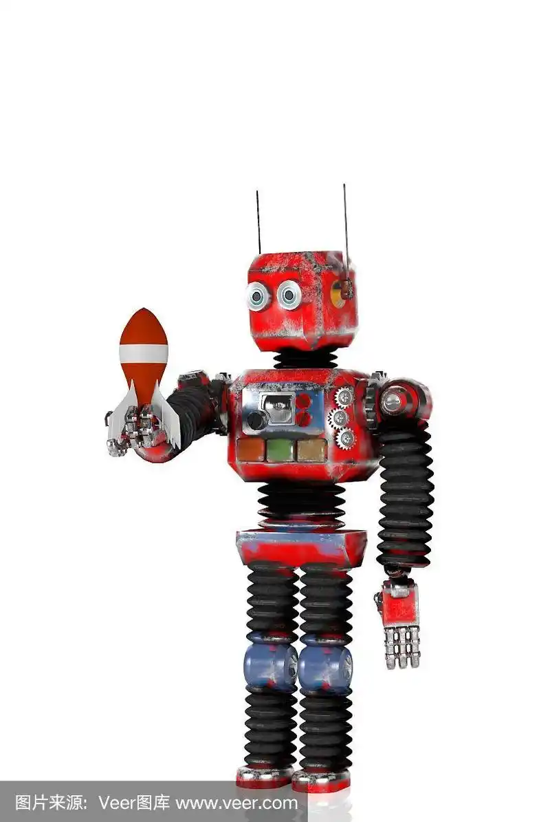 带火箭的复古机器人,渲染,3d.