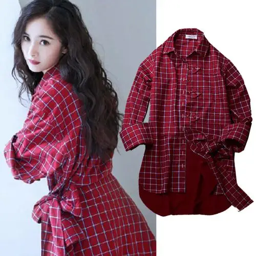 杨幂同款衣服红格子衬衫裙连衣裙收腰中长款2020新不规则小众上衣
