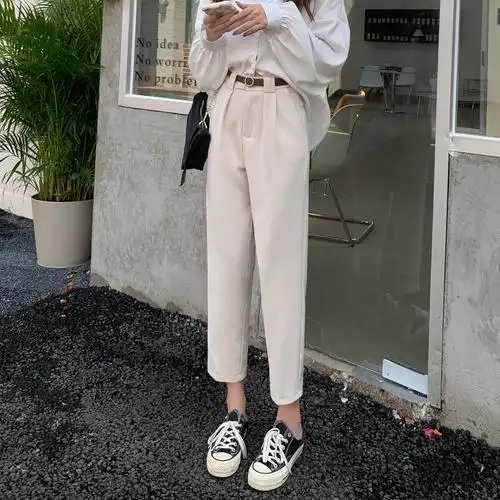 实拍2021秋季高腰宽松直筒垂感休闲西装小脚萝卜裤