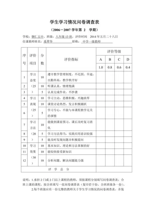 学生学习情况问卷调查表