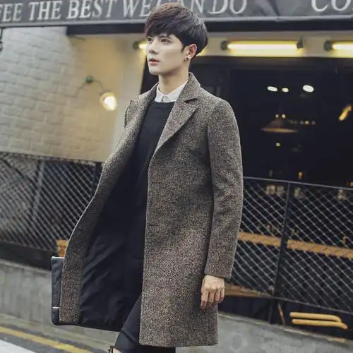 【曲姿兰特色男装】秋冬新款韩版显瘦单排扣中长款毛呢外套毛呢大衣男