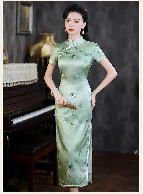 正品真丝桑蚕丝旗袍裙长款复古洋气年轻气质高贵典雅日常修身款夏