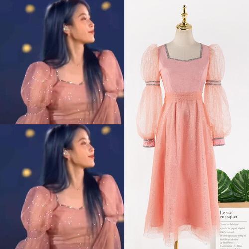同款袖iu李知恩网纱泡泡连衣裙礼服气质裙粉色超中长款衣服年会女