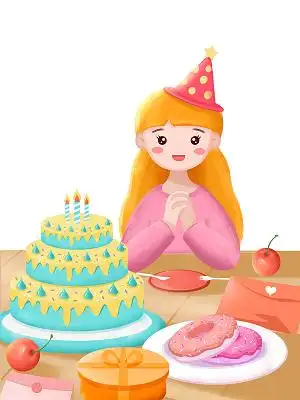 彩色手绘卡通女孩儿童过生日生日蛋糕元素png素材