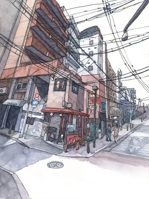 城市街景旅行水彩手绘插图图片下载