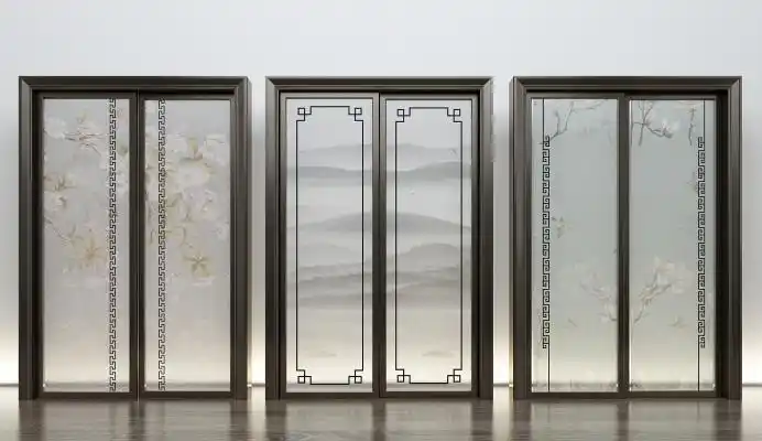 新中式夹丝玻璃推拉门id355522181