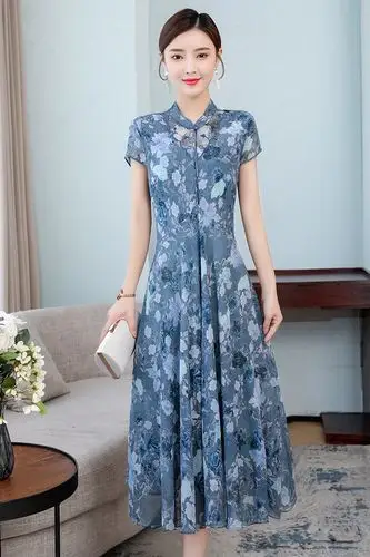 蓝色真丝连衣裙女夏2020年新款高端桑蚕丝乔其纱显瘦印花裙子