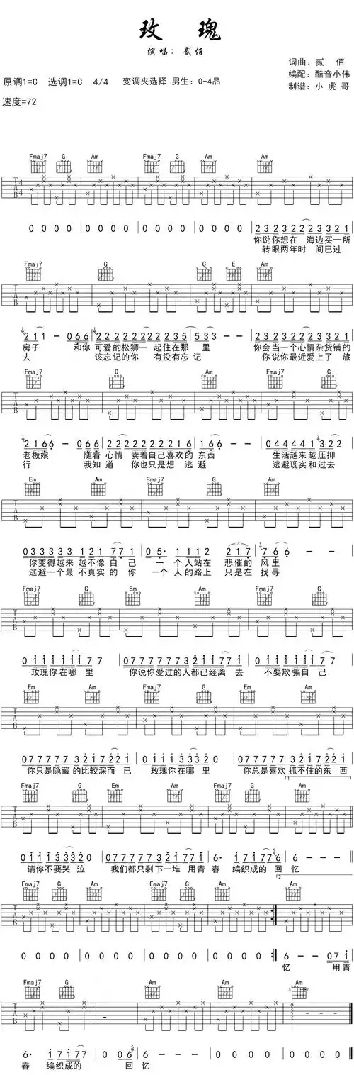 贰佰《玫瑰》吉他谱_c调和弦指法_高清吉他六线弹唱谱_酷音小伟简单