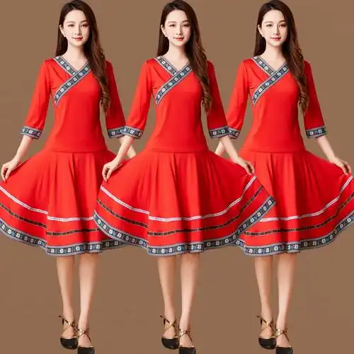 广场舞服装新款中袖大摆裙民族演出表演扇子舞跳舞衣服舞台表演