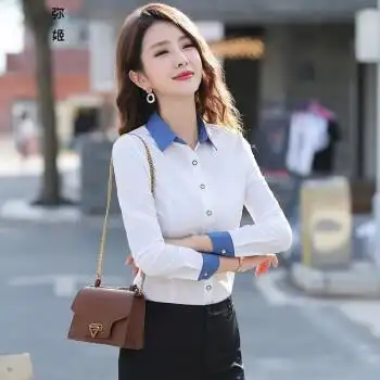 白衬衫女polo瓴春秋装新款冬职业上衣百搭修身显 明扣蓝边(白色长袖)
