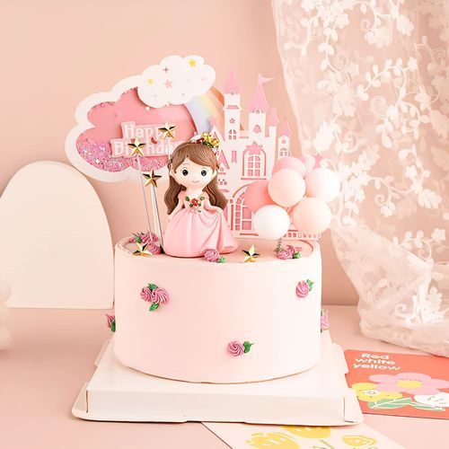 粉色薇拉小公主生日蛋糕装饰摆件儿童女孩女生少女心甜品台插牌