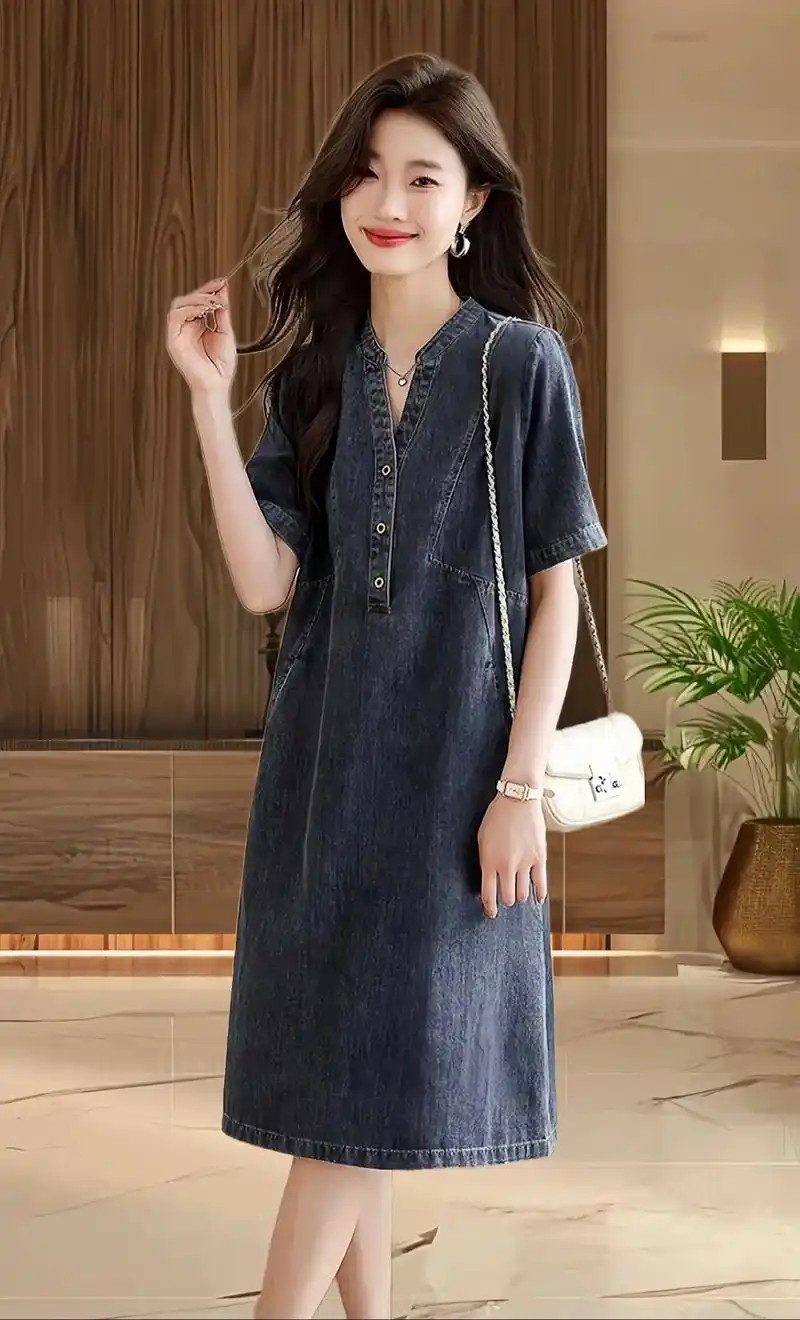 70后小姨喜欢的大码宽松v领气质连衣裙~这款薄款牛仔连衣裙女
