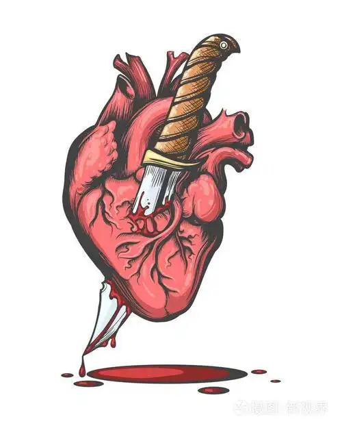 流血的人的心脏被刺青风格的刀刺穿. 矢量图.