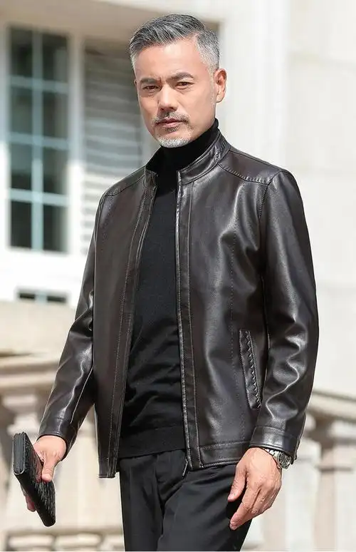 恒源祥品牌男装皮衣男春秋爸爸中年皮夹克立领短款上衣中老年人软皮