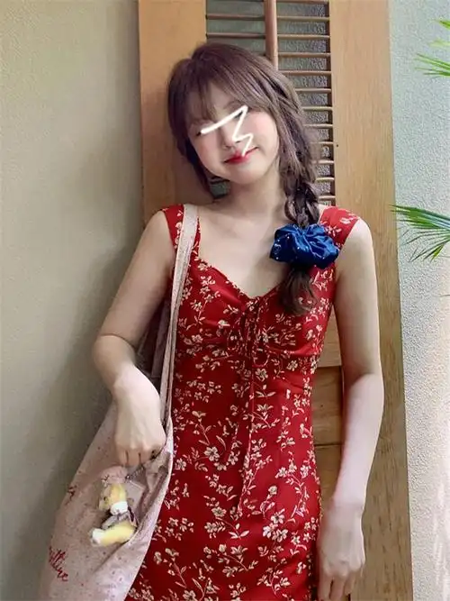 红色吊带裙女碎花连衣裙夏季海边度假法式复古裙子小个子长裙 - 17网
