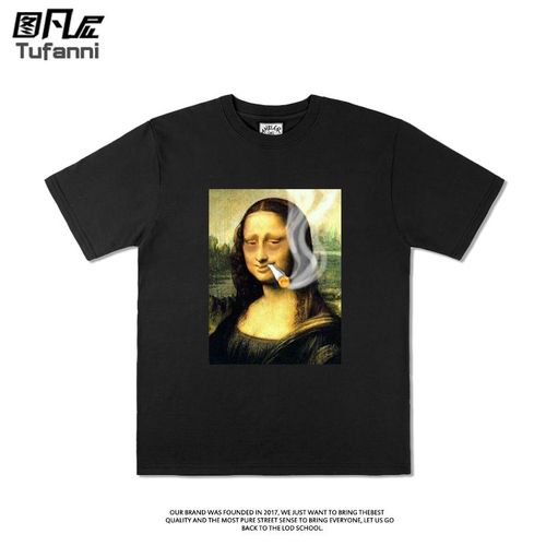 欧美风名画油画t恤短袖恶搞蒙娜丽莎抽烟t恤欧美潮牌男女衣服