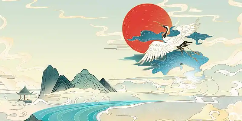 手绘卡通国潮风山景仙鹤和祥云原创插画素材中国风国潮山水国潮元素