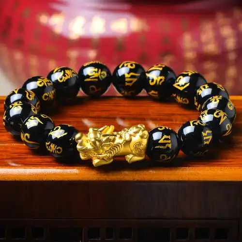 蒂蔻 大版貔貅黄金手链男士款本命年足金六字箴言黑玛瑙路路通手串自
