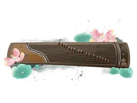 水彩古风古筝荷花莲花莲叶莲花国风音乐艺术元素