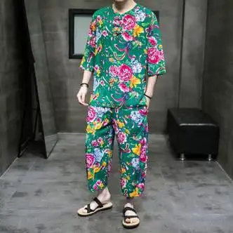 仟诗卡东北大花布衣服花短裤男碎花t恤中国风装亚麻套装短袖唐装夏季