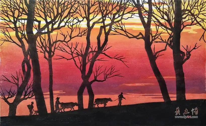 王维德版画作品《日出而作》(固原美术网 www.gyart.com)