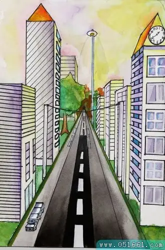 城市街道风景水彩画