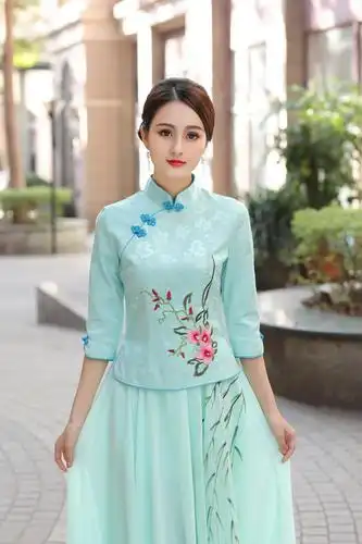 春夏季改良旗袍两件套时尚唐装女上衣复古中式汉服唐装茶人表演服 果