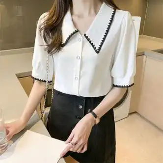 领雪纺衬衫衬衣甜美女装女上衣夏季新款设计感小众白色衣服色s7590斤