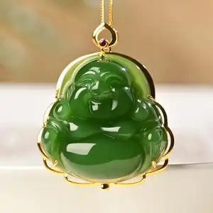 猴教授珠宝18k金镶玉佛坠和田碧玉佛吊坠女项链弥勒佛菠菜绿佛公