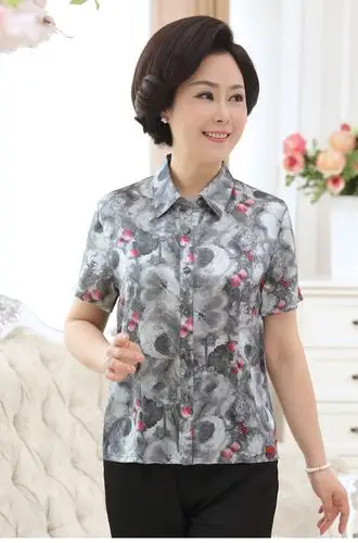 新款桑蚕丝中老年人妈妈装女装夏装真丝衬衫短袖60岁老人奶奶装上衣70