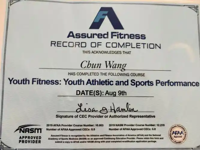 王春老师取得afaa国际少儿体适能训练师证书