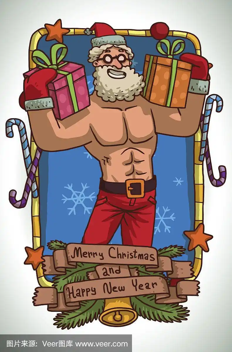 强壮的圣诞老人与粉红色和橙色的礼物