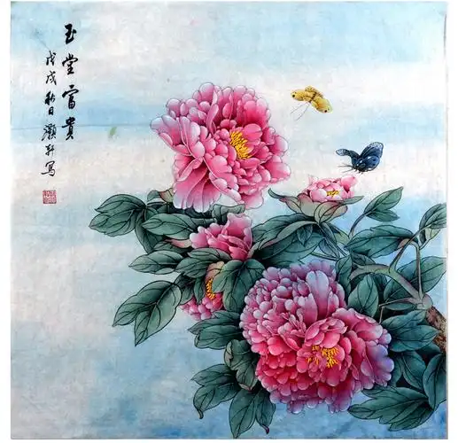 牡丹画家精品推荐 孙灏轩工笔花鸟画斗方画《玉堂富贵》