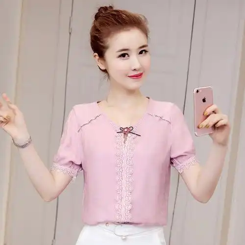 蔚缇2017夏季新款女装韩范清新女士宽松上衣短袖花边雪纺衫